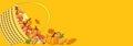 Autumn banner with harvest basket with corn, pumpkin, mushrooms and bright leaves on an orange background. Royalty Free Stock Photo