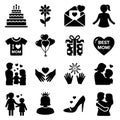 Black and White Mother\'s Day Icons , Cake, Flowers, Gifts, and Loving Family Royalty Free Stock Photo