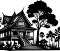 Black and white illustration of a traditional Thai house . Royalty Free Stock Photo