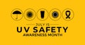 July is UV Safety Awareness Month. UV rays can cause sunburn, skin aging, eye Royalty Free Stock Photo
