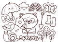 coloring sticker cartoon spring sticker set with cartoon animals and plant stuff. cute coloring page for spring season Royalty Free Stock Photo