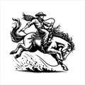 Western Cowboy on Horse with Bandana â Line Art Vector Illustration Royalty Free Stock Photo