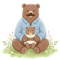 Watercolor Illustration Brown Bear Dad and Child Holding Flower on Meadow Royalty Free Stock Photo