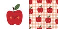 cute set of card and pattern with cartoon apple. cute apple character drawing Royalty Free Stock Photo