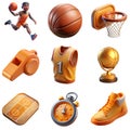 3d basketball icons collection, including ball, hoop, jersey and trophy, sporty set, sports app ui icons isolated Royalty Free Stock Photo