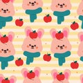 seamless pattern cute cartoon bunny with apple in pink stripe background. cute animal drawing for autumn Royalty Free Stock Photo