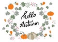 Postcard with pumpkins wreath. Royalty Free Stock Photo
