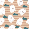 cute seamless pattern cartoon ghost and blue clouds in stripe wallpaper Royalty Free Stock Photo