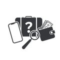 Isolated lost and found pictogram with briefcase, phone, wallet, and question mark Royalty Free Stock Photo