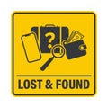 Isolated lost and found label with briefcase, phone, wallet, and question mark Royalty Free Stock Photo