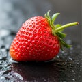Strawberry macro of fresh ripe red fruit with water droplets on dark wet surface showing natural texture, freshness, and vibrant d Royalty Free Stock Photo