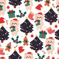 seamless pattern cute cartoon bear with christmas tree and christmas element Royalty Free Stock Photo
