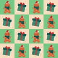 cute christmas wallpaper with patchwork style background. cute wallpaper with cartoon gingerbread and christmas gift Royalty Free Stock Photo