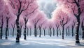 Unique and imaginative winter illustration of a cherry forest featuring the characteristic bare branches. Royalty Free Stock Photo