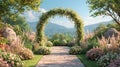 Beautiful mountains view with flower garden wedding gate background. Royalty Free Stock Photo