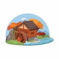 Japanese Watermill House with Autumn Landscape Illustration Vector Royalty Free Stock Photo