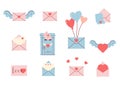 Vector illustration set of envelopes and love letters. Royalty Free Stock Photo