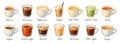 Watercolor popular coffee drinks vector set Royalty Free Stock Photo