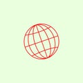 A minimalist red wireframe globe icon representing the earth\'s longitude and latitude lines on a pale green background. Royalty Free Stock Photo
