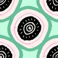 Abstract geometric pattern featuring concentric circles with alternating pastel green, pink, and white backgrounds Royalty Free Stock Photo
