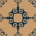 Central, dark blue stylized ethnic motif with curved, scrolling element, corner accent set against solid tan background. Seamless Royalty Free Stock Photo
