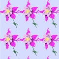 Aquilegia flower (columbina) seamless pattern on violet background.