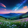 art illustration banner background panorama nature landscape flower meadow with galaxy