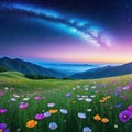 art illustration banner background panorama nature landscape flower meadow with galaxy