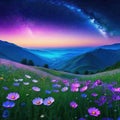 art illustration banner background panorama nature landscape flower meadow with galaxy