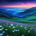 art illustration banner background panorama nature landscape flower meadow with galaxy