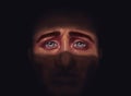 Art illustration of depression and anxiety. Suffering and pain on the man`s face. A gaze from the dark, a streak of light