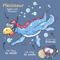 Art. illustration. Dinosaur plesiosaur. Fan t-shirt design. Vector print. Dinosaur character design. Cute dinosaur swimming