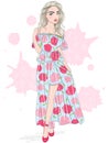 Art & Illustration Hand drawn beautiful cute cartoon power girl in dress.