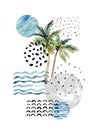 Art illustration with palm tree, doodle and marble grunge textures. Royalty Free Stock Photo