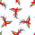 Red macaw parrot in flight seamless pattern. Tropical bird background. Royalty Free Stock Photo