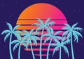 Retro futuristic palm trees in 80s style at sunset. Summer time, palm trees