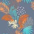 Art illustration: rough grunge tropical leaves filled with marble texture, doodle elements background