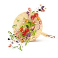 Round wooden cutting board with vegetable salad splash. Vector 3d realistic illustration