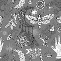 Seamless pattern with dreamcatcher, moth and astrology magic symbols. Royalty Free Stock Photo