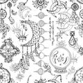 Seamless pattern with magic objects and spiritual design elements - dreamcatcher, crystal, moon phases.