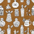 Seamless pattern with witch magic bottles and brew drink with potion