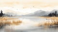 Art Illustration Of A Serene Lake With Birds In Light Amber And Gray Royalty Free Stock Photo