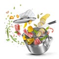 Recipe for cooking a dish in an open saucepan from meat, bell pepper, zucchini, green peas, basil and spices