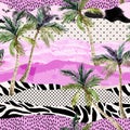 Art illustration with watercolor palm trees, doodles and grunge textures.