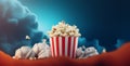 fun film popcorn food corn box background blue bucket cinema red. Generative AI. Royalty Free Stock Photo