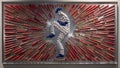 Art inside Globe Life Field in Arlington, Texas, featuring a pitcher made of balls, surrounded by broken and unbroken bats. Royalty Free Stock Photo