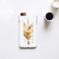 Art-inspired Gold Painted Arrow Iphone Case With Symmetrical Designs And Iconographic Motifs