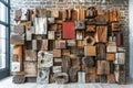 Art installation created with reclaimed timber pieces, exploring environmental themes and textural contrasts. AI