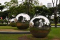 Art installation of large metallic spheres in Singapore