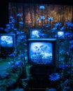 an art installation with old TVs with blue dahlias Royalty Free Stock Photo